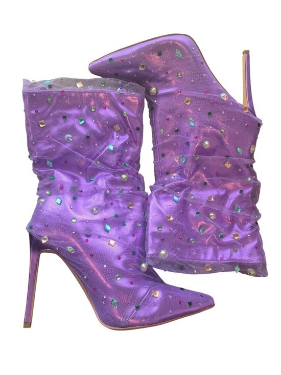Azalea Wang Shoes - Azalea Wang Liora Purple Rhinestone Slouchy Stiletto Boots US Size 10